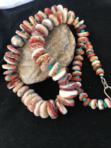 Purple Spiny Oyster & Turquoise Navajo Graduated Necklace | Sterling Silver | Authentic Native American | 24" | 3603