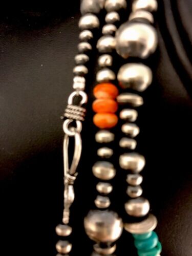 Navajo Pearls Turquoise Coral Bead Necklace | 51" Single Strand Sterling Silver | Southwestern Native American | 8112