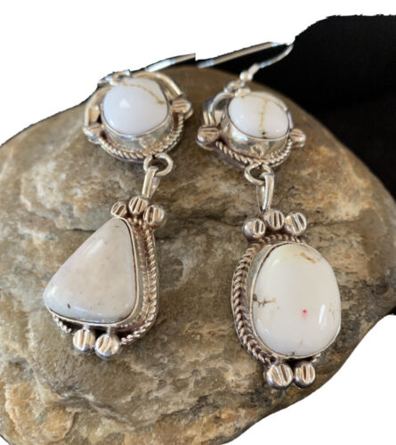 Navajo White Buffalo Turquoise Dangle Earrings | Sterling Silver | 2.50" | Authentic Native American Handmade | 1662