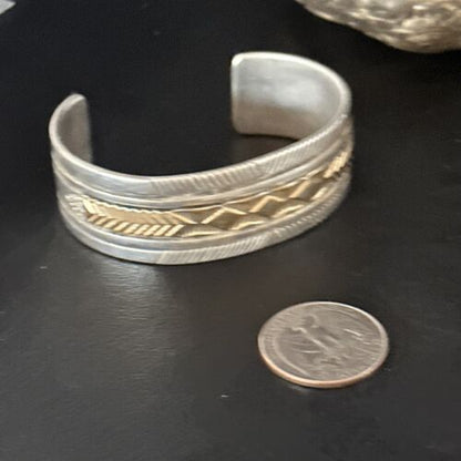 Men's Navajo Handmade Stamped Cuff Bracelet | Sterling Silver & 12K Gold | Authentic Native American | 14593