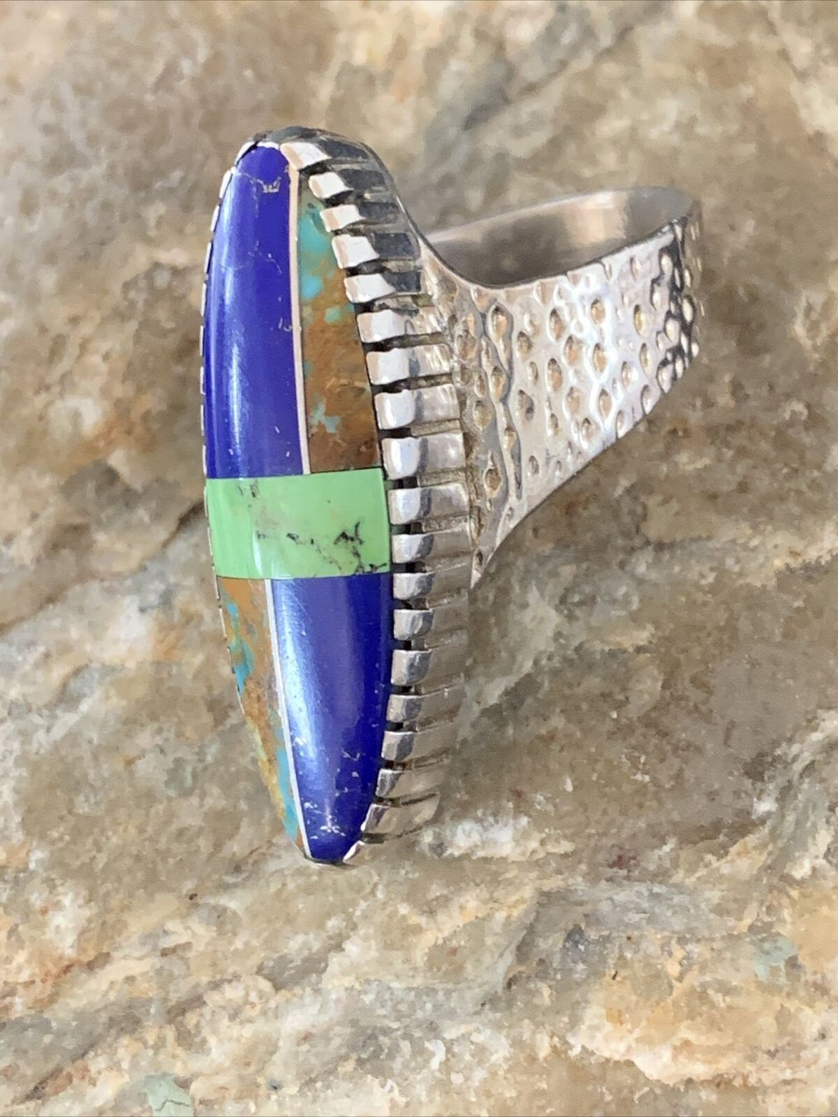 Native American Multi-Color Lapis Turquoise Inlay Ring | Sterling Silver | Sz 7 | 01469