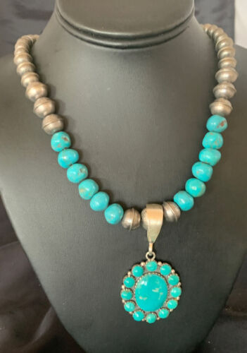 Navajo Blue Turquoise Cluster Pendant Necklace | Sterling Silver | Authentic Native American Handmade | 11884