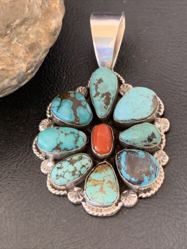 Navajo Cluster Coral Spiderweb Turquoise Pendant | Sterling Silver | Authentic Native American Handmade | 2228