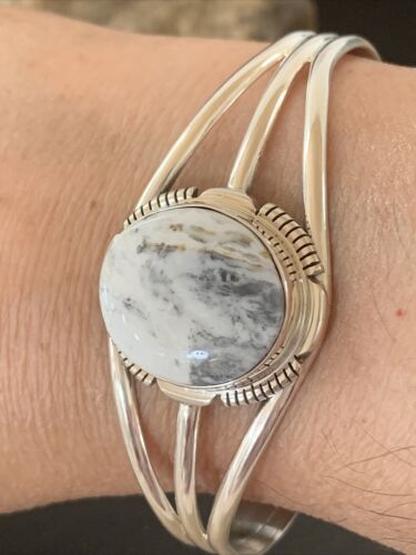 Navajo White Buffalo Turquoise Cuff Bracelet | Sterling Silver | Authentic Native American Handmade | 1390