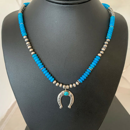 Navajo Blue Turquoise Naja Pendant | Sterling Silver Chain | Authentic Native American Handmade | 01944