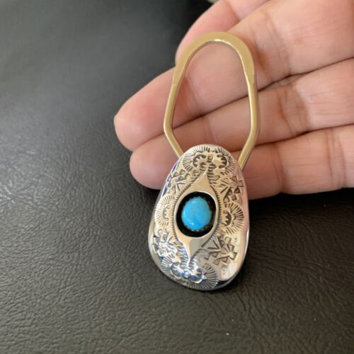 Men's Women's Navajo Turquoise Keyring | Sterling Silver | 2" | Authentic Native American Handmade | 11597