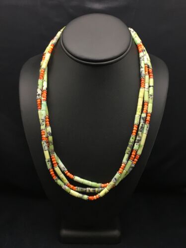Navajo Green Serpentine & Spiny Oyster Necklace | 3 Strand | Sterling Silver | Authentic Native American Handmade | 4095