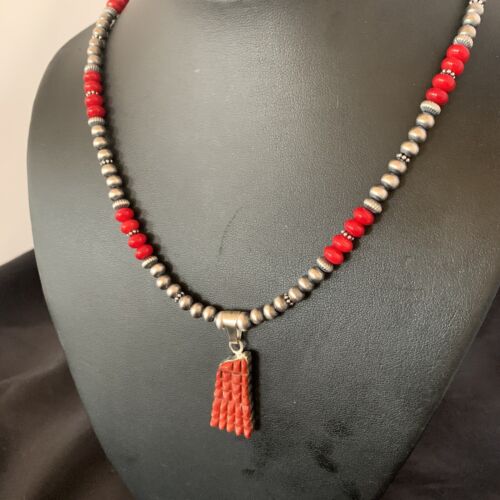 Navajo Red Coral Corn Inlay Necklace Pendant | Sterling Silver | 21" | Authentic Native American Handmade | 12584