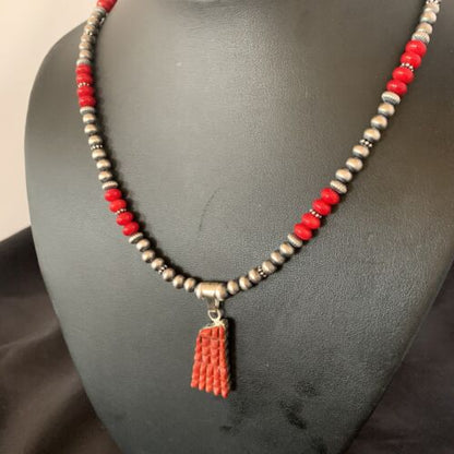 Navajo Red Coral Corn Inlay Necklace Pendant | Sterling Silver | 21" | Authentic Native American Handmade | 12584