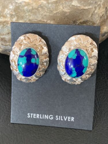 Native American Women's Blue Azurite Nugget Earrings | Sterling Silver | 13016