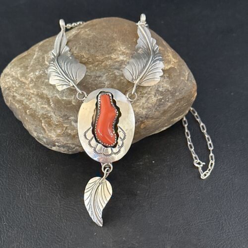 Navajo Red Coral Pendant Necklace | Sterling Silver | Authentic Native American Handmade | 18" | 14481