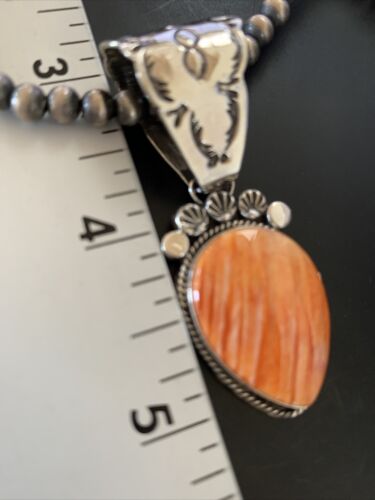 Navajo Orange Spiny Oyster Pendant Necklace | Sterling Silver | Authentic Native American Handmade | 13079