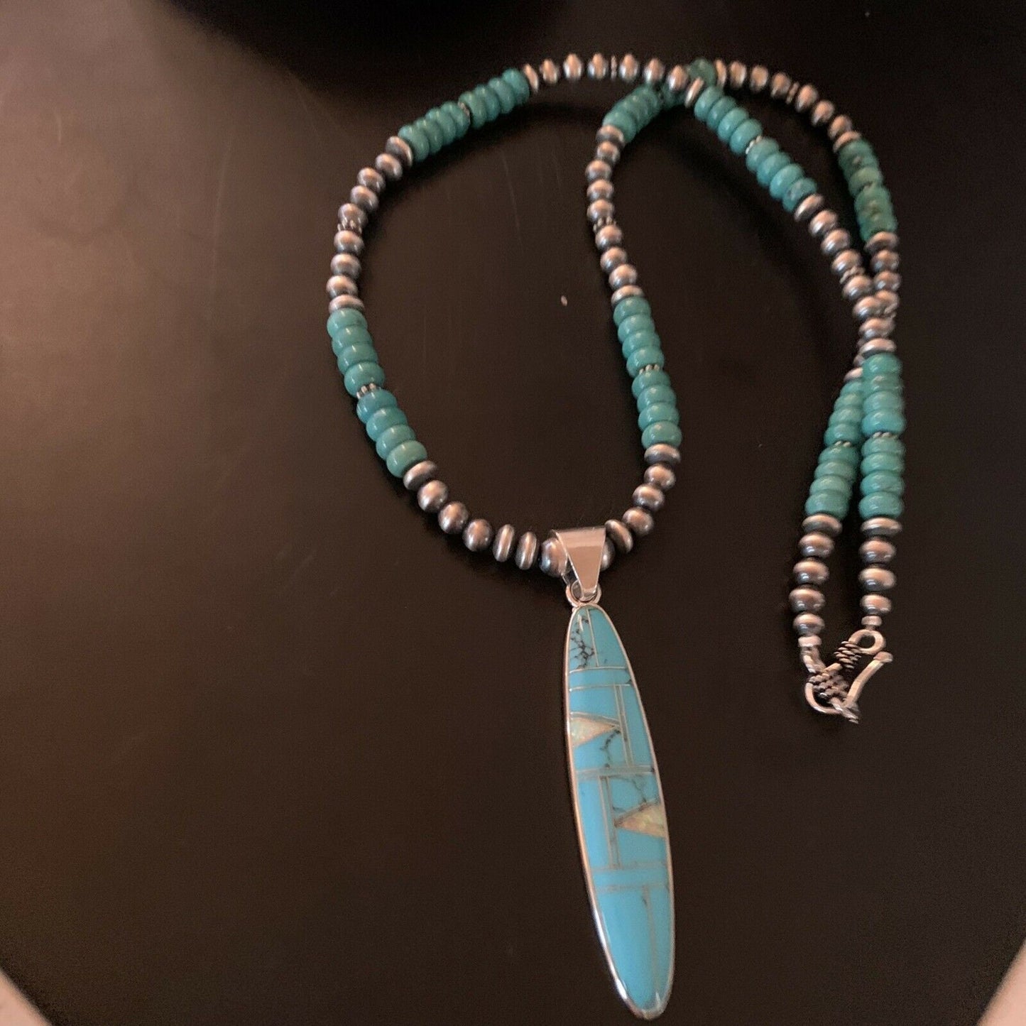 Authentic Native American Navajo Sterling Silver Pendant | Blue Turquoise & Opal Inlay Necklace | 11474