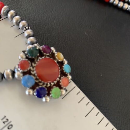 Southwestern Navajo Multi-Stone Necklace | Sterling Silver Coral & Turquoise Pendant | 21" | 12580