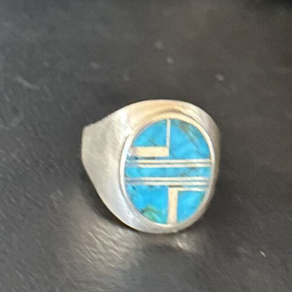 Navajo Blue Turquoise Inlay Ring | Sterling Silver | Sz 9.5 | Authentic Native American Handmade | 14749