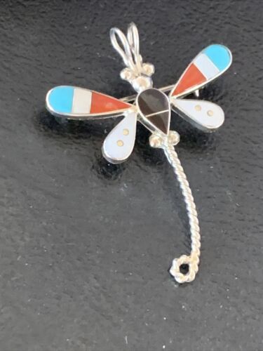 Zuni Turquoise Mother of Pearl Inlay Dragonfly Necklace Pin Pendant | Sterling Silver | 12317