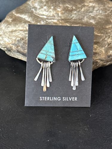 Navajo Blue Turquoise Inlay Earrings | Sterling Silver | 1" | Authentic Native American Handmade | 14774