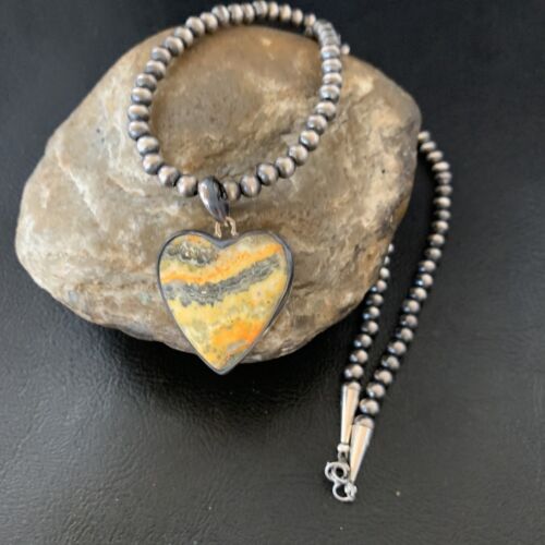 Navajo Heart Yellow Bumblebee Jasper Pendant | Sterling Silver Necklace | Authentic Native American Handmade | 12813