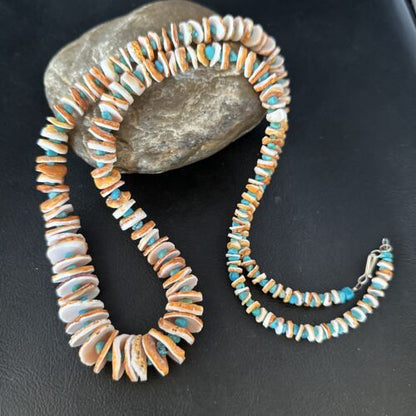 Navajo Sterling Silver Blue Turquoise & Spiny Oyster Graduated Necklace | Authentic Native American | 28" | 14729