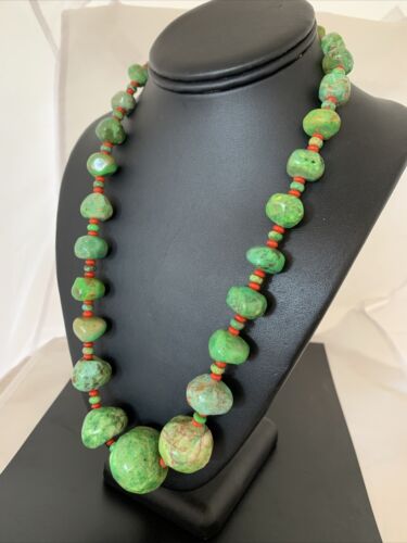 Southwestern Chunky Green Turquoise & Coral Necklace | Sterling Silver | Authentic Native American | 18" | 01843
