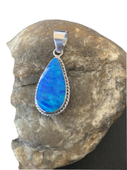 Navajo Blue Faux Opal Pendant | Sterling Silver | Authentic Native American Handmade | 1.50" | 01391