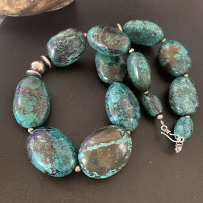 Chunky Navajo Pearl Graduated Turquoise Necklace | Sterling Silver | Authentic Native American Jewelry | 21" | 11904