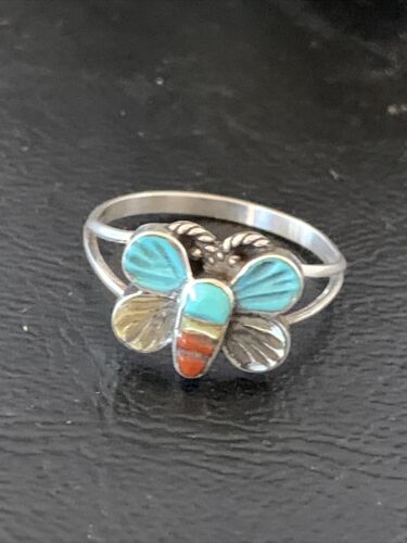 Navajo Blue Turquoise Butterfly Ring | Authentic Native American Sterling Silver | Multi-Stone | Sz 7.5 | 10785