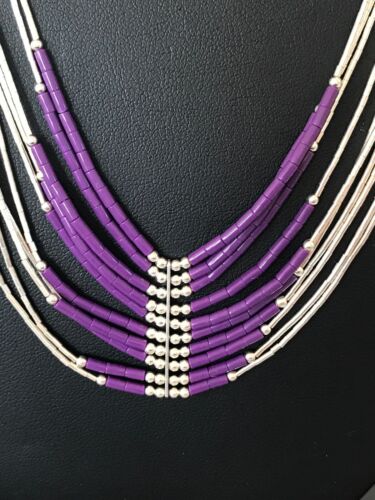 Native American Sugilite Heishi Tubes Necklace | 10 Strand Liquid Sterling Silver | 8558