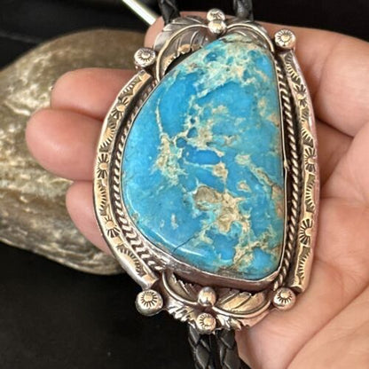 Navajo Blue Kingman Turquoise Bolo Tie | Sterling Silver | Authentic Native American Handmade | 14253