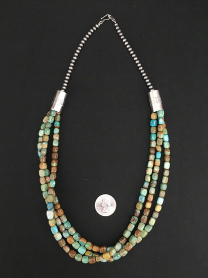 Southwestern 3-Strand Royston Green Turquoise Necklace | Sterling Silver | 26" | 1136