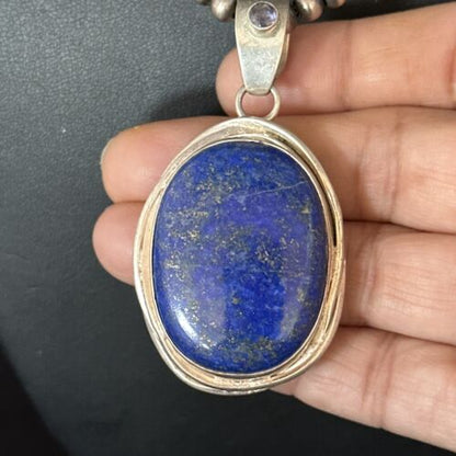 Native American Men's Navajo Pearls Necklace Pendant | Sterling Silver Lapis | 14467