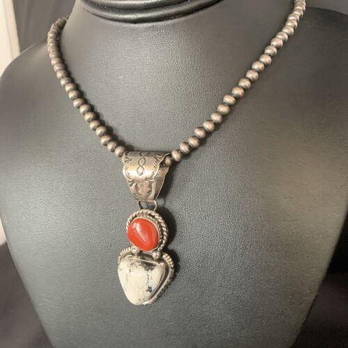 Navajo White Buffalo Turquoise Coral Pendant | Sterling Silver | Multi-Stone Necklace | 13578