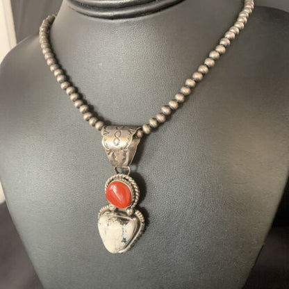 Navajo White Buffalo Turquoise Coral Pendant | Sterling Silver | Multi-Stone Necklace | 13578