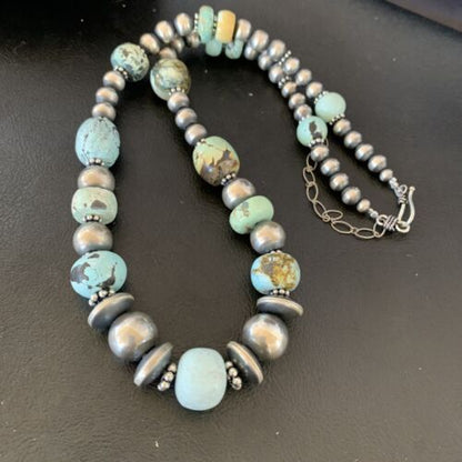 Navajo Pearl Dry Creek Turquoise Beads Necklace | Sterling Silver | 21" | Handmade | 10940