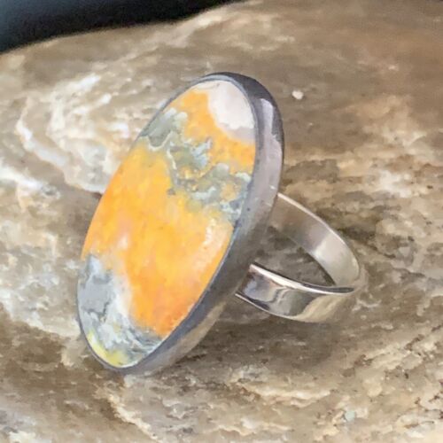 Navajo Yellow Bumble Bee Jasper Ring | Sterling Silver | Sz 8 Adjustable | Authentic Native American Handmade | 14020