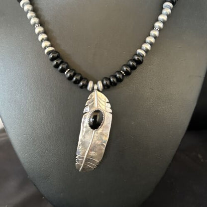 Navajo Pearls Black Onyx Necklace Pendant | Sterling Silver | Authentic Native American Handmade | 14626