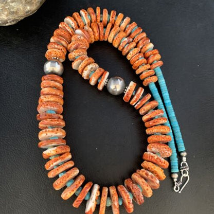 Orange Spiny Oyster & Blue Turquoise Graduated Necklace | Sterling Silver | Authentic Native American | 28" | 13713