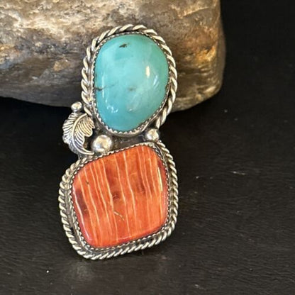 Navajo Turquoise Spiny Oyster Ring | Authentic Native American Sterling Silver | Multi-Stone | Sz 8.5 | 14490