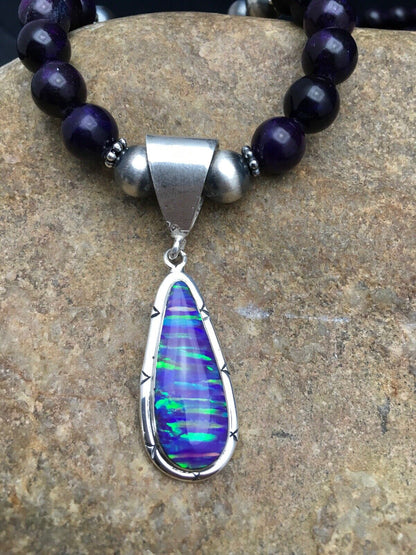 Navajo Purple Sugilite Necklace with Opal Pendant | Sterling Silver | 23" | Authentic Native American Handmade | 2794