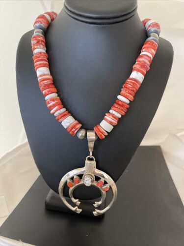 Turquoise Spiny Sterling Squash Blossom Necklace | Navajo Naja Pendant | Navajo Pearls | 21" | 00959