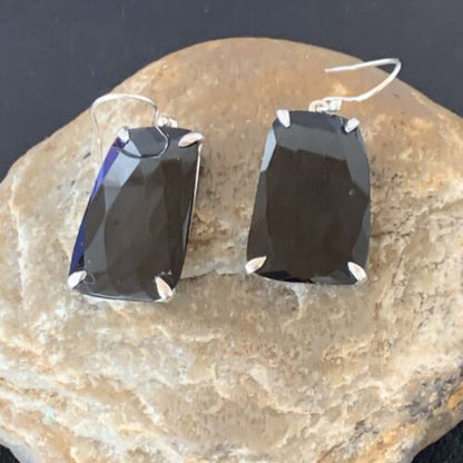 Navajo Black Faceted Quartz Dangle Earrings | Sterling Silver | 1" | Authentic Native American Handmade | 12087