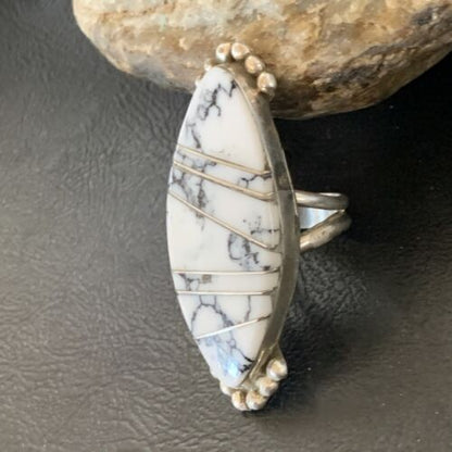 Navajo White Buffalo Turquoise Inlay Ring | Sterling Silver | Sz 7 | Authentic Native American Handmade | 12175 - Masha USA