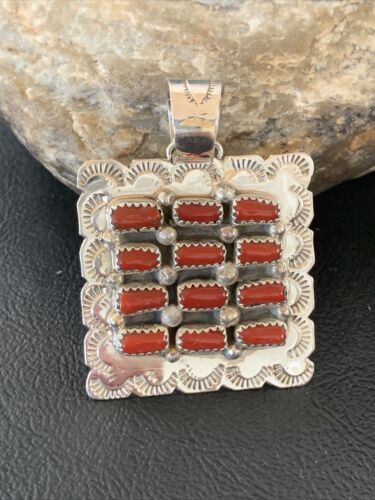 Navajo Red Coral and Multi-Stone Cluster Pendant | Authentic Native American Sterling Silver | 2" | 2100