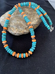 Navajo Blue Turquoise & Spiny Oyster Necklace | Sterling Silver | Authentic Native American Handmade | 18" | 1676