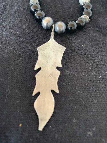 Navajo Feather Pendant | Black Onyx & Howlite | Sterling Silver Necklace | Authentic Native American Handmade | 01101