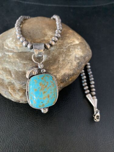 Men's Blue Turquoise #8 Necklace Pendant | Sterling Silver Navajo Pearls | Native American Handmade | 13765