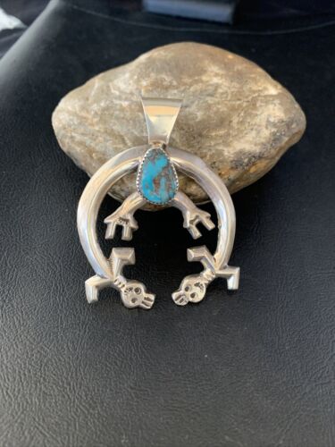 Navajo Bisbee Turquoise Naja Pendant | Sterling Silver | Men's Native American Handmade Necklace | 13796