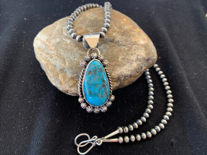 Men's Navajo Pearls Necklace with Blue Kingman Turquoise Pendant | Sterling Silver | Native American Handmade | 12962 - Masha USA