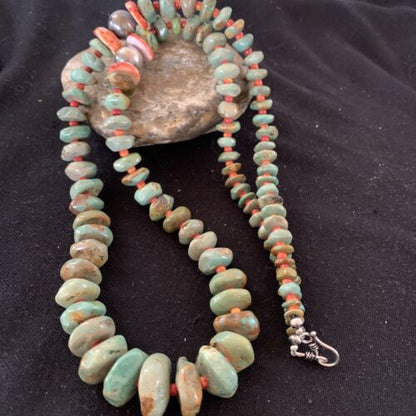 Authentic Native American Navajo Necklace | Sterling Silver | Green Turquoise & Spiny Oyster | 32" | 01669