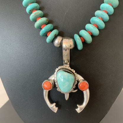 Navajo Sterling Silver Necklace | Blue Turquoise & Spiny Oyster Naja Pendant | Authentic Native American Handmade | 2060